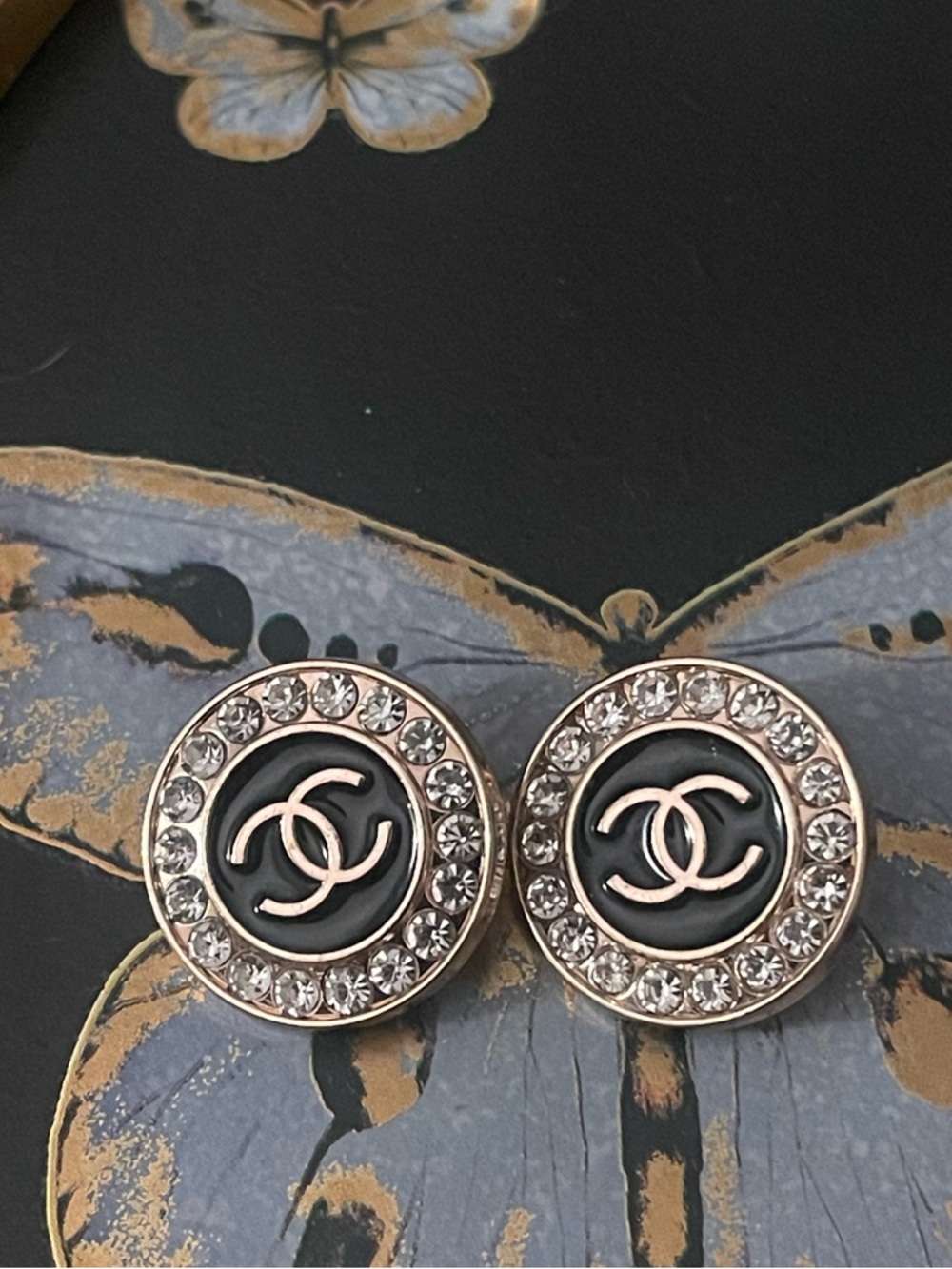 Button-Style Earrings with Rhinestone Border - Picture 2 of 3